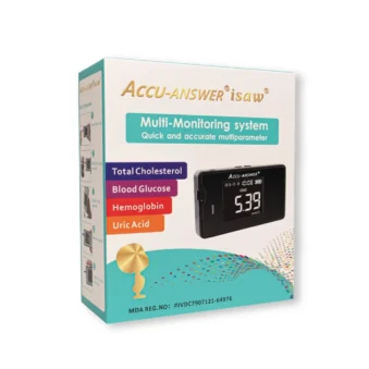 The Accu Answer 4-in-1 Meter is a multi-functional device designed to measure various health parameters which includes,Total cholesterol, Blood Glucose, Triglycerides, HdL. FEATURES:Multifunctional: Measures Total cholesterol, HdL (Good) cholesterol, Triglycerides, and Glucose.
Portable: compact and lightweight design for easy carrying.
Easy to use: simple and intuitive interface
Accurate: provides reliable and precise readings.
Automatic shut-off: Turns off after 10 minutes of inactivity to conserve battery life