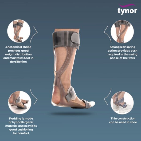 The Tynor Foot drop splint is a orthotic device designed to support and stabilize the foor and ankle, particularly for individuals with foot drop or ankle weakness Its features and uses include: Rigid or semi-rigid construction Anatomical design for comfortable fit Adjustable straps for secure fitting Lightweight and durable materials Breathable padding for comfort Uses: Managing foot drop (weakness or paralysis of the muscles that lift the foot) Supporting ankle instability or weakness Treating neurological conditions (e.g., stroke, spinal cord injury, multiple sclerosis) Providing stability and support during gait training Enhancing mobility and balance Reducing risk of ankle sprains or strains Encouraging normal gait patterns Supporting post-surgical rehabilitation  Relieving pain and discomfort in the foot and ankle