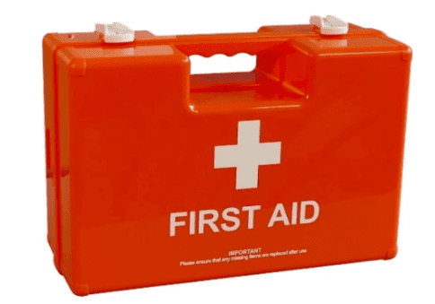 Kitted first aid box medium size. A kitted first aid box, also known as a first aid kit, is a collection of supplies and equipment designed to provide immediate care and treatment for minor injuries or illnesses. these contents of a first aid box may vary depending on the purpose, and level of care, but here are some basic common items found in a basic kitted first aid box: Bandages and wound care:assorted band-aids
Gauze pads and rolls
medical tape
scissors
wound cleansing and disinfecting:
Antiseptic wipes
soap wipes
cleansing wipes.