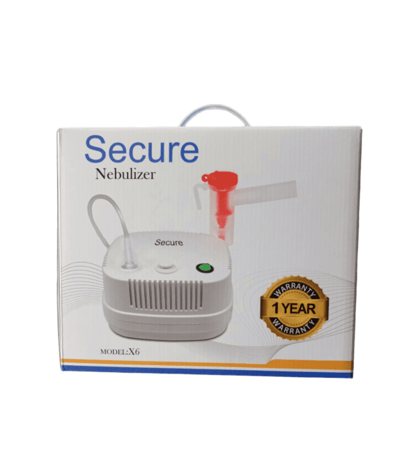 Secure Nebulizer is a medical that converts liquid medication into a fine mist, making it easier to inhale directly into the lungs. The features and uses of a nebulizer include: Features: 1. Portable and compact design 2. Electric powered 3. Adjustable output and flow rate 4. Reusable or disposable nebulizer cups. 5. Masks or mouthpieces for comfortable use. uses: 1. Asthma: Delivers quick relief during acute attacks 2. COPD (Chronic Obstructive pulmonary Disease): Helps manage symptoms and improve breathing.