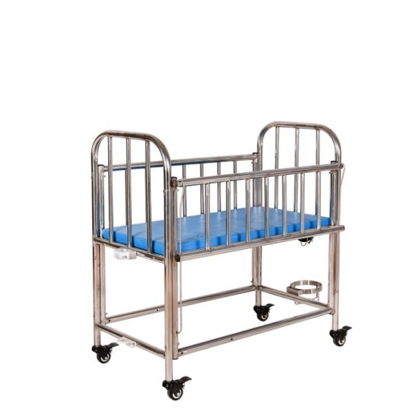 A medical baby cot, also known as a hospital- grade baby cot or pediatric crib, is a specialized cot designed for newborns and infants in healthcare settings, such as hospitals, clinis, and pediatric wards. Here are some key features and uses: Features: 1. safety: Meets strict safety standards and regulations for hospital equipment. 2. Durability: Built to withstand frequent use and cleaning. 3. Adjustability: Often features adjustable height and tilt settings for comfortable positioning. 5. Easy cleaning: Designed for easy disinfection and cleaning.