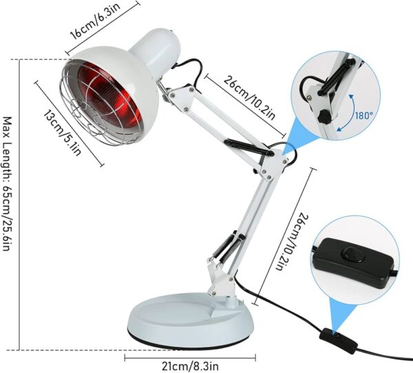 The lampshade is made of alloy and the surface is treated by baking technology.The appearance is fashion and simplicity. 2. The lamp head interface adopts E27 interface and ceramic lamp head to prevent static electricity. 3. The direction of the lampshade can be adjusted up and down and left and right for easy illumination. 4. The arm joint can be adjusted 180 degree longitudinally to meet your needs. 5. It can be fixed on the table and the socket inserted into the pole is fixed with a screw rod. 6. Built-in spring, free to bend to prevent loose joints. 7. Preheat for about five minutes, the irradiation time (same part): 30 minutes for adults and 20 minutes for children. 8. When aisting in health care, the skin of the irradiated area should be exposed, the distance is about 30CM, the skin feels about 40 degrees Celsius or it feels comfortable for people. Package Included: 1x LightStand 1x Light Bulb 1x Securing Clip / Stand Base (it has 110V and 220V version, will send according to the country's voltage)