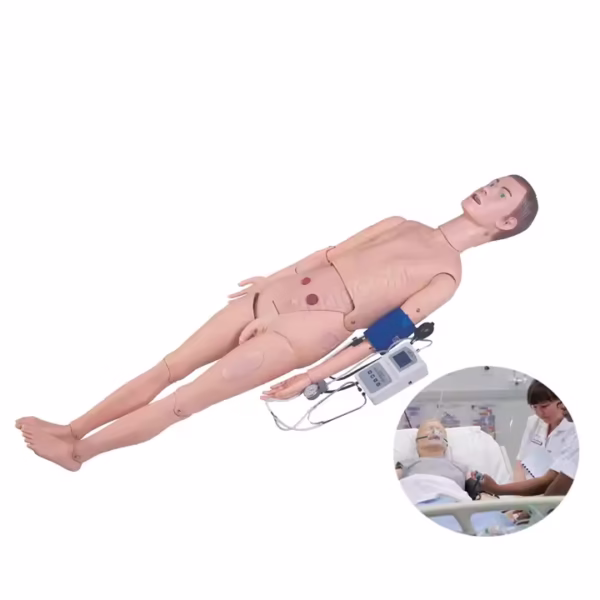 Human Training Nursing Model with a full-functional Blood Pressure Simulator is primarily used for teaching and practicing blood pressure measurement skills. It can also be used for more comprehensive nursing training, including basic life support, patient care, and more. The simulator allows for realistic practice of blood pressure assessment and related nursing procedures.