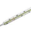 A mercury clinical thermometer, a traditional device for measuring human body temperature, uses the expansion and contraction of mercury to indicate temperature, and it's characterized by a narrow glass tube with a bulb containing mercury and a calibrated scale.