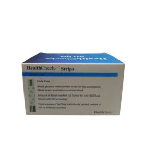 HealthCheck blood glucose test strips used with a BGCheck Smart meter. These strips are designed for the quantitative measurement of blood sugar levels in whole blood. They are individually packed and sealed in foil to maintain accuracy.