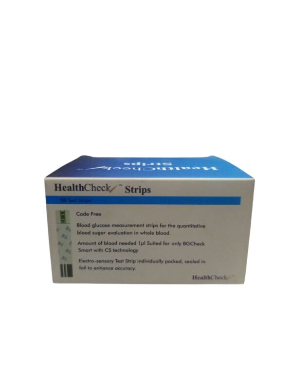 HealthCheck blood glucose test strips used with a BGCheck Smart meter. These strips are designed for the quantitative measurement of blood sugar levels in whole blood. They are individually packed and sealed in foil to maintain accuracy.