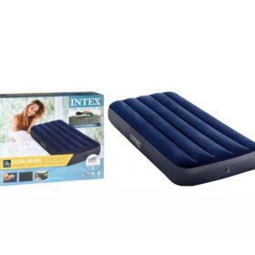 Intex Dura-Beam Standard Air Mattress Prestige Downy Airbed About this item FIBER-TECH BEAM CONSTRUCTION – Comprised of thousands of high-strength polyester fibers that provide enhanced comfort, stability and support; Fiber-Tech Beam Construction can withstand more weight and pressure without losing its comfort or stability DURABILITY – Unlike traditional air beds that tend to sink or dip over time, our 10" Dura-Beam Air Mattresses are designed with bottom ring stability to withstand the weight of the sleeper without sagging or losing its shape BUILT-IN AC ELECTRIC PUMP – High-Powered built-in electric pump (110-120V) for hassle-free inflation and deflation; users can easily and quickly set up the air mattress when they need it and then deflate it (Approximate inflation time 1.5 minutes) VELVETY SLEEPING SURFACE – The air mattress features a velvety sleeping surface that is not only soft and comfortable, but also easy to clean; this makes it an ideal choice for use as a guest bed or for camping trips STRETCH – At first inflation the material will STRETCH, which is sometimes misinterpreted as leaking; You will sense a loss of pressure, that's just the bed stretching, simply re-inflate the bed again; the bed will fully settle within 2-3 nights
