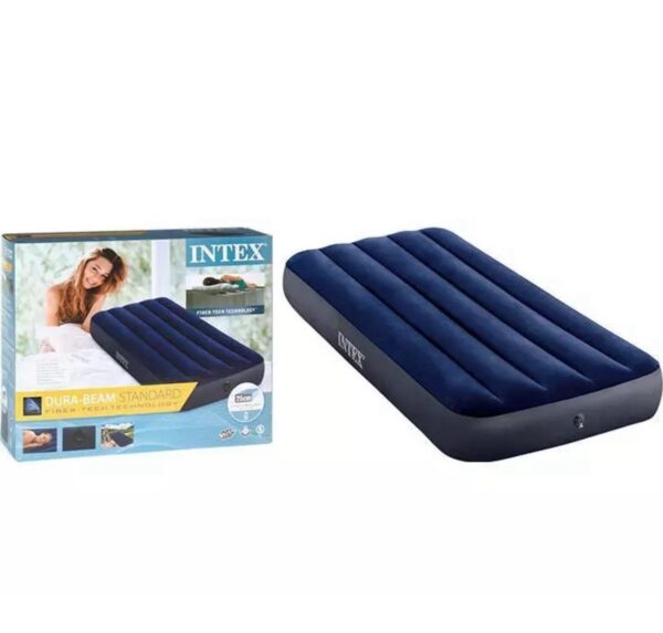 Intex Dura-Beam Standard Air Mattress Prestige Downy Airbed About this item FIBER-TECH BEAM CONSTRUCTION – Comprised of thousands of high-strength polyester fibers that provide enhanced comfort, stability and support; Fiber-Tech Beam Construction can withstand more weight and pressure without losing its comfort or stability DURABILITY – Unlike traditional air beds that tend to sink or dip over time, our 10" Dura-Beam Air Mattresses are designed with bottom ring stability to withstand the weight of the sleeper without sagging or losing its shape BUILT-IN AC ELECTRIC PUMP – High-Powered built-in electric pump (110-120V) for hassle-free inflation and deflation; users can easily and quickly set up the air mattress when they need it and then deflate it (Approximate inflation time 1.5 minutes) VELVETY SLEEPING SURFACE – The air mattress features a velvety sleeping surface that is not only soft and comfortable, but also easy to clean; this makes it an ideal choice for use as a guest bed or for camping trips STRETCH – At first inflation the material will STRETCH, which is sometimes misinterpreted as leaking; You will sense a loss of pressure, that's just the bed stretching, simply re-inflate the bed again; the bed will fully settle within 2-3 nights