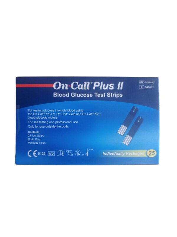 On Call Plus II Blood Glucose Test Strips are used for self-testing and professional use to measure glucose levels in whole blood. They work with On Call Plus II, On Call Plus, and On Call EZ II blood glucose meters.
