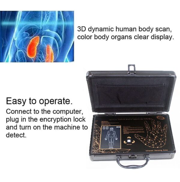 Quantum Magnetic Resonance Analyzer 52 Reports  is a non-invasive tool that is claimed to analyze health by detecting the magnetic field of human cells. It does this by using a magnetic field sensor through a hand grip and electrode sensor.  Features: Non-invasive health assessment Uses magnetic resonance to detect cell activity Portable design for easy use