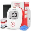 Sinocare Safe AQ Voice blood glucose monitor features voice reminders, a painless lancing device, and easy-to-use, code-free test strips. It is designed for user-friendliness, particularly for the elderly and children, with features like a light warning system and a small blood sample requirement.