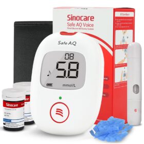 Sinocare Safe AQ Voice blood glucose monitor features voice reminders, a painless lancing device, and easy-to-use, code-free test strips. It is designed for user-friendliness, particularly for the elderly and children, with features like a light warning system and a small blood sample requirement.