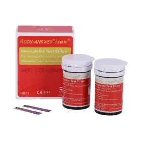 Accu-Answer i-SAW Hemoglobin test strips are used to measure hemoglobin levels in blood samples, typically with the Accu-Answer i-SAW multi-monitoring system. These strips are designed for personal or professional use, providing accurate results quickly and easily. The strips are easy to use, requiring only a small blood sample and offering clear results in seconds. Uses: Measuring Hemoglobin Levels: The primary use of these strips is to quantify the amount of hemoglobin in a blood sample. Monitoring Health: This information can be used to monitor individuals with conditions like anemia or to assess the effectiveness of treatments that impact hemoglobin levels. Personal or Professional Use: They are suitable for home testing or use by healthcare professionals. Benefits: Accuracy: The strips are designed to provide reliable and accurate hemoglobin readings. Speed: They offer fast results, often within seconds, allowing for quick assessment of hemoglobin levels. Ease of Use: The strips are user-friendly and require minimal expertise to operate. Convenience: The compact size and portability make them suitable for home testing or use in various healthcare settings. Small Sample Size: They require only a small blood sample, reducing discomfort for the individual being tested.