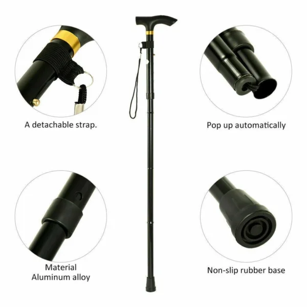 Adjustable Walking Stick Blak Folding Walking Cane Lightweight Collapsible Stick