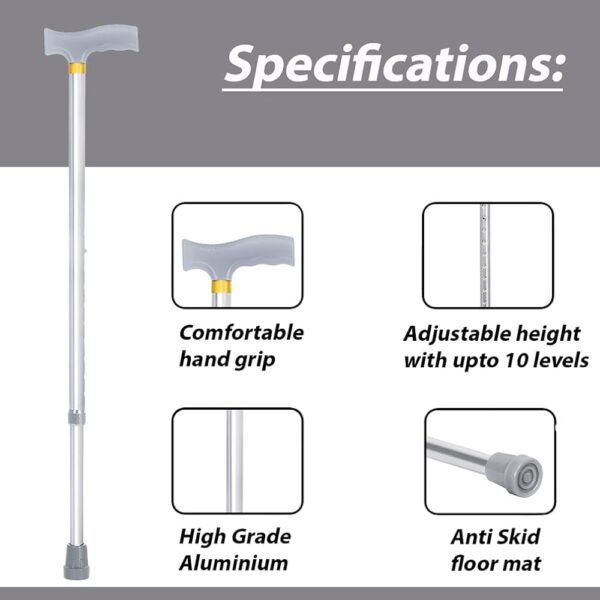 single-leg walking stick, or cane, is a mobility aid that provides support and stability for individuals with balance issues, injuries, or weakness in one or both legs. It can improve balance and stability, reduce weight on an injured leg, and enhance safety and independence during walking.