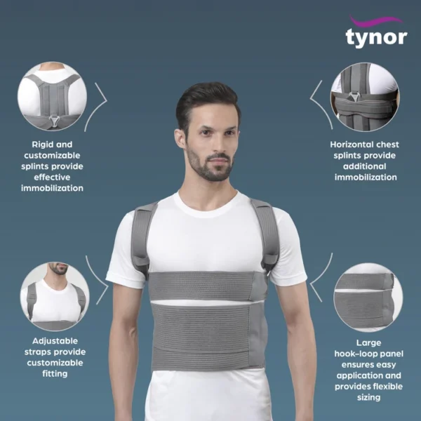 Tynor thoracolumbar braces offer support, immobilization, and pain relief for various spinal conditions. They are designed to maintain a neutral spine position, correct posture, and aid in healing after injuries or surgeries. 