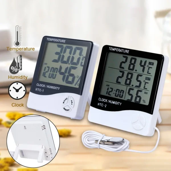 The HTC-1 Digital Thermometer Hygrometer is primarily used to measure and display indoor temperature and humidity, along with the current time, date, and alarm settings. It's a multi-functional device suitable for various applications, including homes, offices, greenhouses, and laboratories. Here's a more detailed breakdown of its uses: 1. Measuring Temperature and Humidity: It provides real-time readings of both temperature and humidity, which can be displayed in either Celsius or Fahrenheit. The device also records and displays the maximum and minimum temperature and humidity values, allowing users to track environmental changes. 2. Time and Calendar Display: The HTC-1 includes a clock function that displays the current time, often with 12-hour or 24-hour format options. It also features a calendar function, showing the current date and day of the week.