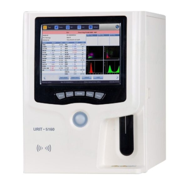 URIT-5160 is a 5-part auto hematology analyzer with the following key specifications and features: Key Features: Parameters: Analyzes 34 parameters, including 5-part differential for WBCs, RBC, HGB, PLT, and reticulocyte parameters (RET%, RET#, IRF). Technology: Employs laser light multi-dimensional cell classification and integrated double counting methods for WBCs (Impedance and Optical Count). Throughput: Processes up to 60 samples per hour for both whole blood and pre-diluted samples. Sampling: Requires 20µL for whole blood and pre-diluted samples. Data Management: Stores up to 200,000 sample results with grams and supports USB data backup. Display: Features a 10.4-inch touch screen for user interaction. Operational Principles: WBC/DIFF: Utilizes Flow Cytometry with a semi-conductor laser light for multi-dimensional cell classification. WBC Analysis: Combines optical and impedance measurements. RBC/PLT Analysis: Based on the impedance method. HGB Test: Uses cyanide-free reagent colorimetry. Physical Specifications: Dimensions: L490mm x H332mm x W459mm. Weight: 35KG. Power: 250VA.
