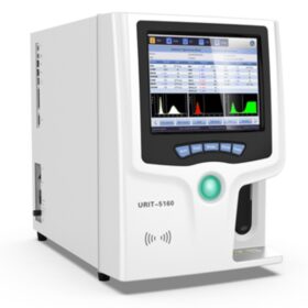 URIT-5160 is a 5-part auto hematology analyzer with the following key specifications and features: Key Features: Parameters: Analyzes 34 parameters, including 5-part differential for WBCs, RBC, HGB, PLT, and reticulocyte parameters (RET%, RET#, IRF). Technology: Employs laser light multi-dimensional cell classification and integrated double counting methods for WBCs (Impedance and Optical Count). Throughput: Processes up to 60 samples per hour for both whole blood and pre-diluted samples. Sampling: Requires 20µL for whole blood and pre-diluted samples. Data Management: Stores up to 200,000 sample results with grams and supports USB data backup. Display: Features a 10.4-inch touch screen for user interaction. Operational Principles: WBC/DIFF: Utilizes Flow Cytometry with a semi-conductor laser light for multi-dimensional cell classification. WBC Analysis: Combines optical and impedance measurements. RBC/PLT Analysis: Based on the impedance method. HGB Test: Uses cyanide-free reagent colorimetry. Physical Specifications: Dimensions: L490mm x H332mm x W459mm. Weight: 35KG. Power: 250VA.