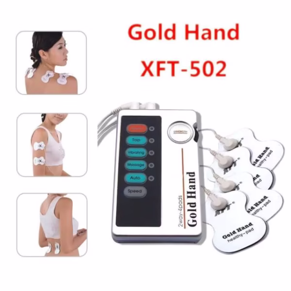 Gold Hand XFT-502 Low Frequency Therapeutic Equipment, a TENS (Transcutaneous Electrical Nerve Stimulation) style digital massager, is used to relieve pain and improve circulation through electrical impulses. Uses and Benefits: Pain Relief: It helps relieve pain in various body parts, including shoulders, hips, back, and limbs, by preventing pain impulses from reaching the brain through the "pain gate" effect. It also eases neuralgia, muscle spasms, and muscle and joint stiffness. Improved Circulation and Metabolism: The device promotes better blood circulation and metabolism. Muscle Stimulation: It can exercise inactive muscles and relieve muscular pain. Massage Function: Offers various massage modes like pushing, tapping, kneading, and rhythmical vibration for a more effective and enjoyable experience. Convenience: Its compact and lightweight design allows for use anytime and anywhere. Drug-Free Pain Management: Provides a drug-free method for pain reduction and control.