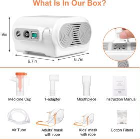 Detailed Specifications: Voltage: AC 220V/50Hz Power: 168VA Medication Capacity: 8 ml Particle Size: 0.5-10µm Sound Level: ≤65dB(A) at 1 meter Average Nebulization Rate: ≥0.25mL/min (with 0.9% saline water) Compressor Pressure Range: 22 - 58psi (150-400kPa) Operating Pressure Range: 9.5 - 19psi (65-130kPa) Liter Flow Range: ≥6.7L/Min Operating Temperature Range: 50°C to 40°C (41°F to 104°F) Operating Humidity Range: 15 to 80% RH Storage Temperature Range: -25°C to 60°C (-13°F to 140°F) Product Size: 205x150x100mm Weight: 1.3kg Standard Accessories: Nebulizer, air tube, adult mask, child's mask, mouthpiece, and 5 filters Use Life: 5 years