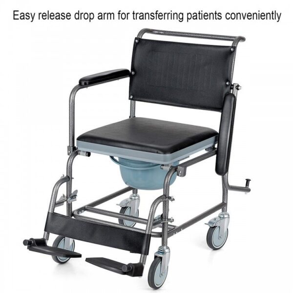The wheelchair in the image is a commode wheelchair, primarily used as a sanitary aid for individuals with mobility limitations. Its main uses include: Toilet Access: Facilitating access to a standard toilet by allowing the user to be wheeled directly over it or by using the integrated commode bucket. Showering: Being wheeled into a shower or wet room, functioning as a shower chair for personal hygiene. Indoor Transport: Providing limited indoor mobility for individuals who require assistance with movement within their living space. Privacy and Independence: Offering increased independence and privacy for elderly and disabled individuals in managing their personal care needs