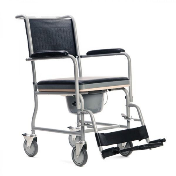 The wheelchair in the image is a commode wheelchair, primarily used as a sanitary aid for individuals with mobility limitations. Its main uses include: Toilet Access: Facilitating access to a standard toilet by allowing the user to be wheeled directly over it or by using the integrated commode bucket. Showering: Being wheeled into a shower or wet room, functioning as a shower chair for personal hygiene. Indoor Transport: Providing limited indoor mobility for individuals who require assistance with movement within their living space. Privacy and Independence: Offering increased independence and privacy for elderly and disabled individuals in managing their personal care needs