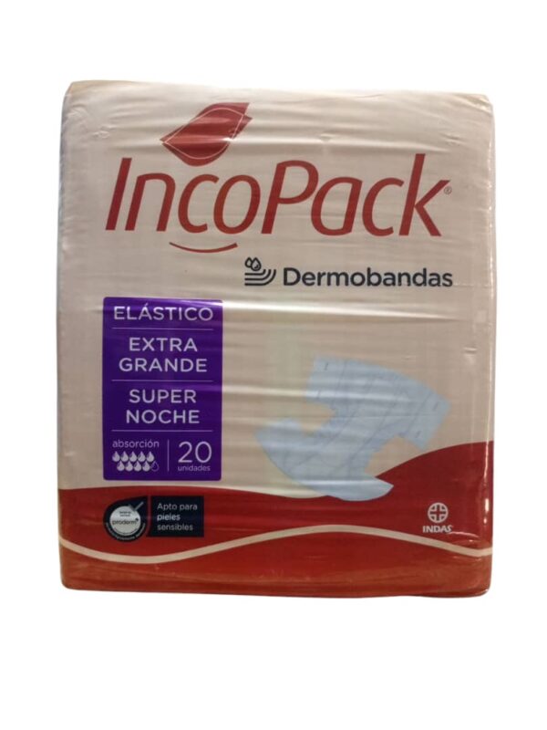 Incopack Dermobandas Elástico Extra Grande Super Noche, is an absorbent adult diaper designed for managing urinary and bowel incontinence, particularly during the night, and offers several benefits: