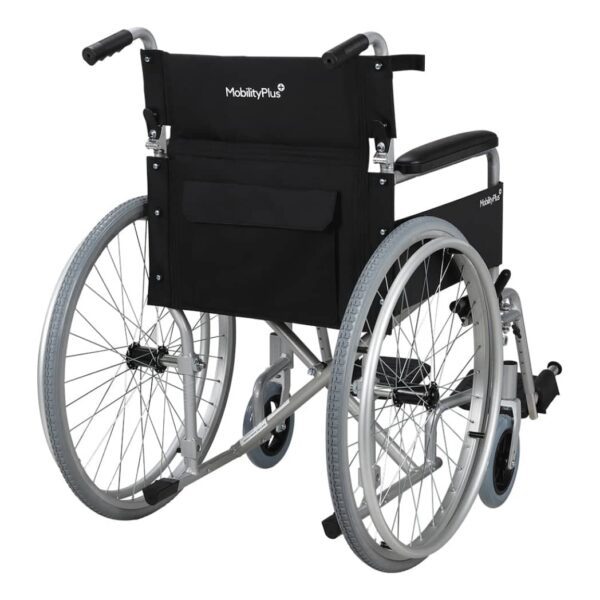 self-propelled wheelchair, which serves as a mobility aid for individuals with mobility impairments, enabling independent movement and facilitating transfers and accessibility. Uses and Functions: Mobility and Independence: Self-propelled wheelchairs allow users to move independently by propelling the large rear wheels themselves, promoting autonomy in daily activities and environments. Transfers: Features like flip-up or removable armrests and swing-away detachable footrests facilitate easier side transfers to and from beds, chairs, or other surfaces. Accessibility: The design allows users to get closer to tables or desks by removing or flipping up the armrests, enhancing comfort for activities like eating or working. Support and Comfort: The padded upholstery and armrests provide comfort and support during use. Safety and Security: Equipped with braking systems, these wheelchairs offer safety and security during transfers and when stationary. Portability and Storage: Many models, including the one pictured, are designed to be foldable for convenient storage and transportation.