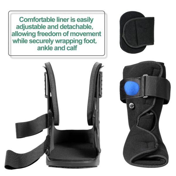 Air Walker Cam Fracture Boot, and its uses and benefits primarily revolve around supporting and immobilizing the foot and ankle during recovery from various injuries. Uses: Injury Management: Ideal for stable fractures of the foot or ankle, Grade II & III sprains, and soft tissue injuries. Post-Operative Stabilization: Provides necessary support and immobilization following surgery on the foot or ankle. Achilles Tendon Ruptures: Offers robust support for individuals recovering from Achilles tendon ruptures. Benefits: Enhanced Stabilization and Immobilization: The adjustable air bladder allows for custom compression, reducing movement and supporting the affected area efficiently compared to traditional casts. Promotes Natural Gait: The rocker bottom sole facilitates a smooth, natural walking rhythm, reducing strain and aiding recovery. Comfort and Pain Reduction: Features like a shock-absorbing insole and customizable compression enhance comfort and help reduce pain during the healing process. Versatility: Suitable for a wide range of foot and ankle conditions and injuries. Breathable Design: Open-toe construction allows for airflow, keeping the foot cool and dry. Adjustable and Universal Fit: Adjustable Velcro straps ensure a secure, tailored fit and the boot is designed to be universal for both left and right feet.