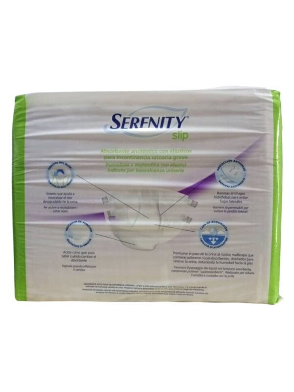 Serenity Slip Extra Large Super Night incontinence briefs, is designed for managing urinary and/or fecal incontinence, particularly for adults, including those who are bedridden or have reduced mobility. Uses: Incontinence Management: Primarily used for individuals experiencing moderate to very severe urinary or fecal incontinence. Nighttime Protection: The "Super Night" designation indicates suitability for extended use, providing protection during sleep and preventing leaks or stains. Support for Bedridden Individuals: Especially useful for bedridden individuals or those with limited mobility who cannot easily access a toilet. Benefits: High Absorbency: Features a super absorbent core with fluff and polymers to quickly absorb liquids and ensure dryness, indicated by "+1200 ml" on the packaging. Leakage Protection: Designed with soft elastics around the legs and repositionable adhesive tabs for a secure fit and maximum protection against leaks. Comfort and Discretion: Anatomical shape and soft, breathable materials aim to provide comfort and discretion, similar to regular underwear when worn with special panties. Odor Control: Includes Odour Control treatment to manage unpleasant odors associated with incontinence. Wetness Indicator: Features a wetness indicator on the backsheet that disappears with usage, signaling when a change is needed.