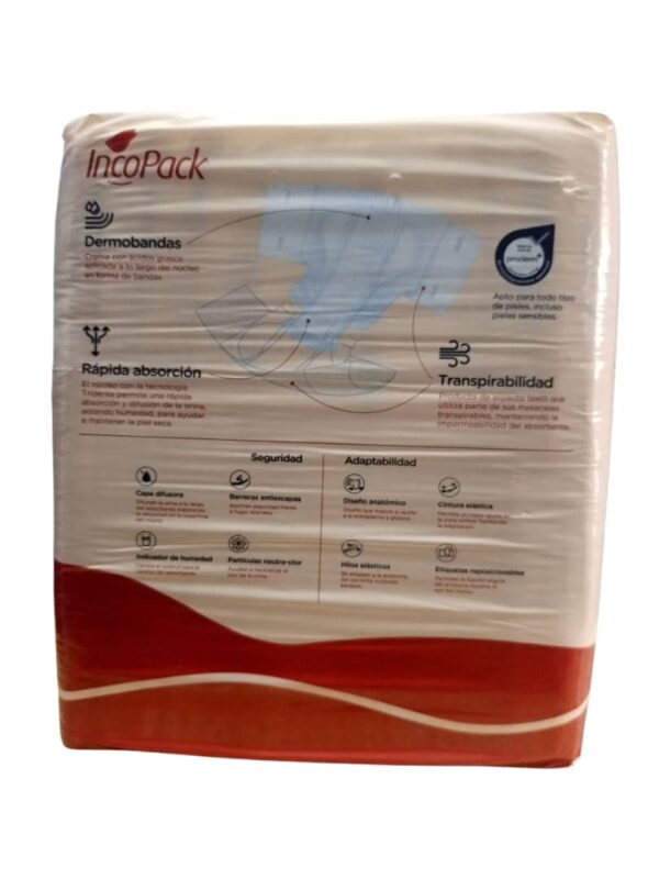 Incopack Dermobandas Elástico Extra Grande Super Noche, is an absorbent adult diaper designed for managing urinary and bowel incontinence, particularly during the night, and offers several benefits: