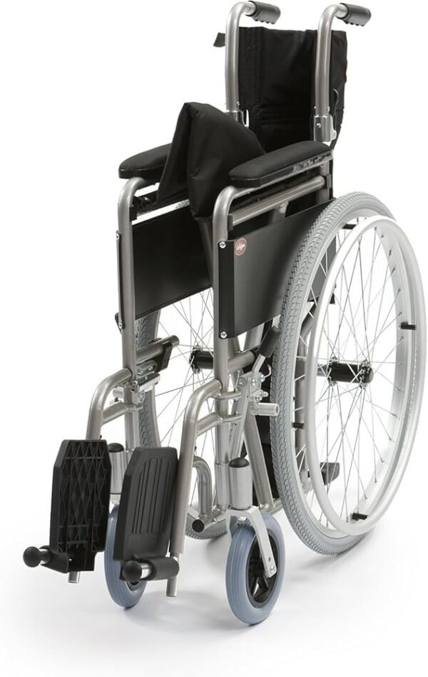 self-propelled wheelchair, which serves as a mobility aid for individuals with mobility impairments, enabling independent movement and facilitating transfers and accessibility. Uses and Functions: Mobility and Independence: Self-propelled wheelchairs allow users to move independently by propelling the large rear wheels themselves, promoting autonomy in daily activities and environments. Transfers: Features like flip-up or removable armrests and swing-away detachable footrests facilitate easier side transfers to and from beds, chairs, or other surfaces. Accessibility: The design allows users to get closer to tables or desks by removing or flipping up the armrests, enhancing comfort for activities like eating or working. Support and Comfort: The padded upholstery and armrests provide comfort and support during use. Safety and Security: Equipped with braking systems, these wheelchairs offer safety and security during transfers and when stationary. Portability and Storage: Many models, including the one pictured, are designed to be foldable for convenient storage and transportation.