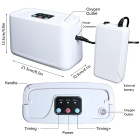 COXTOD POC-01B model, and its specifications include: Dimensions & Weight: Product Size: 140(L) x 135(W) x 55(H)mm. Net Weight: 780g. Oxygen Output: Oxygen outflow: Approximately 3 Liters Per Minute (LPM). Oxygen concentration: 30% ± 2%. Power & Battery: Voltage inlet: 100-240V. Power: 3.5W. Battery capacity: 5600mAh. Maximum battery life: Up to 8 hours on a full charge. Charging time: >4 hours. Multiple Power Options: AC wall, car adapter, and rechargeable battery. Features: Anion function for air purification. Low noise level: ≤35dB. Easy operation with a single button for power, anion, and oxygen flow control. Included Accessories: AC charger. Vehicle power charger. Oxygen tube (nasal cannula). Carry Bag. Manual.
