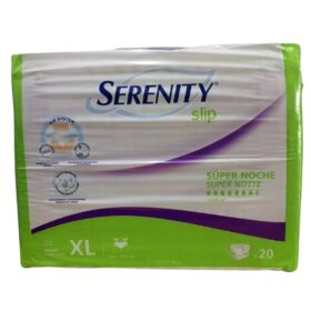 Serenity Slip Extra Large Super Night incontinence briefs, is designed for managing urinary and/or fecal incontinence, particularly for adults, including those who are bedridden or have reduced mobility. Uses: Incontinence Management: Primarily used for individuals experiencing moderate to very severe urinary or fecal incontinence. Nighttime Protection: The "Super Night" designation indicates suitability for extended use, providing protection during sleep and preventing leaks or stains. Support for Bedridden Individuals: Especially useful for bedridden individuals or those with limited mobility who cannot easily access a toilet. Benefits: High Absorbency: Features a super absorbent core with fluff and polymers to quickly absorb liquids and ensure dryness, indicated by "+1200 ml" on the packaging. Leakage Protection: Designed with soft elastics around the legs and repositionable adhesive tabs for a secure fit and maximum protection against leaks. Comfort and Discretion: Anatomical shape and soft, breathable materials aim to provide comfort and discretion, similar to regular underwear when worn with special panties. Odor Control: Includes Odour Control treatment to manage unpleasant odors associated with incontinence. Wetness Indicator: Features a wetness indicator on the backsheet that disappears with usage, signaling when a change is needed.