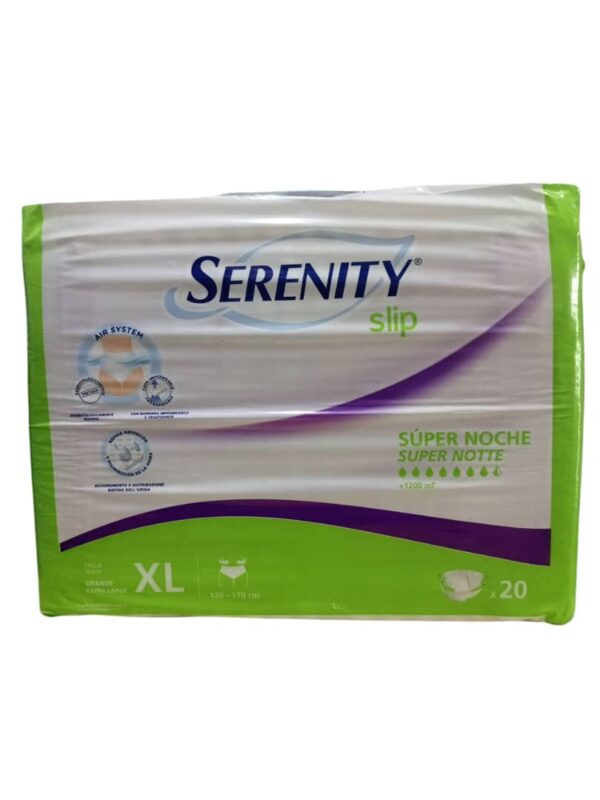 Serenity Slip Extra Large Super Night incontinence briefs, is designed for managing urinary and/or fecal incontinence, particularly for adults, including those who are bedridden or have reduced mobility. Uses: Incontinence Management: Primarily used for individuals experiencing moderate to very severe urinary or fecal incontinence. Nighttime Protection: The "Super Night" designation indicates suitability for extended use, providing protection during sleep and preventing leaks or stains. Support for Bedridden Individuals: Especially useful for bedridden individuals or those with limited mobility who cannot easily access a toilet. Benefits: High Absorbency: Features a super absorbent core with fluff and polymers to quickly absorb liquids and ensure dryness, indicated by "+1200 ml" on the packaging. Leakage Protection: Designed with soft elastics around the legs and repositionable adhesive tabs for a secure fit and maximum protection against leaks. Comfort and Discretion: Anatomical shape and soft, breathable materials aim to provide comfort and discretion, similar to regular underwear when worn with special panties. Odor Control: Includes Odour Control treatment to manage unpleasant odors associated with incontinence. Wetness Indicator: Features a wetness indicator on the backsheet that disappears with usage, signaling when a change is needed.