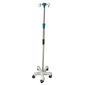 IV stand, also known as an IV pole or drip stand, primarily used in healthcare settings for administering intravenous fluids or medications. Uses: Medical Infusion: Used to hang IV bags containing fluids, medications, or blood transfusions, allowing for gravity-fed administration to patients in hospitals, clinics, nursing homes, and home care settings. Veterinary Care: Employed in veterinary clinics and hospitals for similar infusion purposes for animals. Outdoor Activities: Can be adapted for use as a light stand or other support in outdoor settings. Specifications (General): Material: Often constructed from stainless steel or aluminum alloy for durability and ease of cleaning, with polished surfaces for smoother handling. Height Adjustability: Features a telescopic design allowing for height adjustments to suit various patient needs and bed heights. Base and Mobility: Typically includes a stable base, often star-shaped, equipped with casters (wheels) for easy movement and positioning. Hooks: Designed with multiple hooks (e.g., two or four) to accommodate multiple IV bags or for concurrent use by multiple patients if needed. Durability: Built to withstand the demanding environment of medical facilities, including frequent movement and cleaning.
