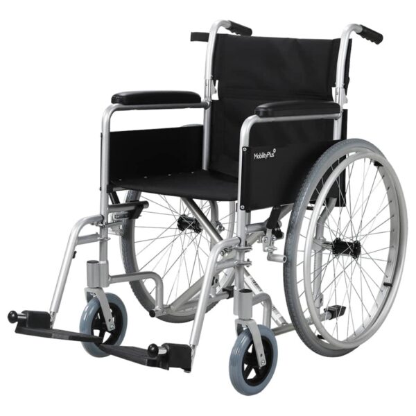 self-propelled wheelchair, which serves as a mobility aid for individuals with mobility impairments, enabling independent movement and facilitating transfers and accessibility. Uses and Functions: Mobility and Independence: Self-propelled wheelchairs allow users to move independently by propelling the large rear wheels themselves, promoting autonomy in daily activities and environments. Transfers: Features like flip-up or removable armrests and swing-away detachable footrests facilitate easier side transfers to and from beds, chairs, or other surfaces. Accessibility: The design allows users to get closer to tables or desks by removing or flipping up the armrests, enhancing comfort for activities like eating or working. Support and Comfort: The padded upholstery and armrests provide comfort and support during use. Safety and Security: Equipped with braking systems, these wheelchairs offer safety and security during transfers and when stationary. Portability and Storage: Many models, including the one pictured, are designed to be foldable for convenient storage and transportation.