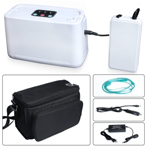 COXTOD POC-01B model, and its specifications include: Dimensions & Weight: Product Size: 140(L) x 135(W) x 55(H)mm. Net Weight: 780g. Oxygen Output: Oxygen outflow: Approximately 3 Liters Per Minute (LPM). Oxygen concentration: 30% ± 2%. Power & Battery: Voltage inlet: 100-240V. Power: 3.5W. Battery capacity: 5600mAh. Maximum battery life: Up to 8 hours on a full charge. Charging time: >4 hours. Multiple Power Options: AC wall, car adapter, and rechargeable battery. Features: Anion function for air purification. Low noise level: ≤35dB. Easy operation with a single button for power, anion, and oxygen flow control. Included Accessories: AC charger. Vehicle power charger. Oxygen tube (nasal cannula). Carry Bag. Manual.
