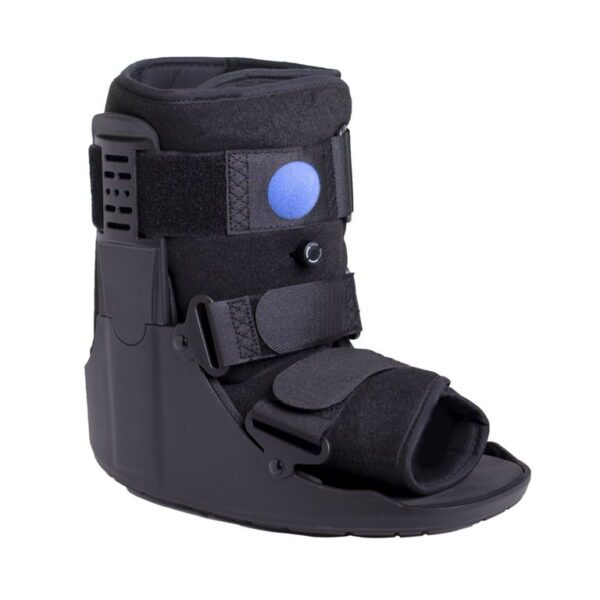 Air Walker Cam Fracture Boot, and its uses and benefits primarily revolve around supporting and immobilizing the foot and ankle during recovery from various injuries. Uses: Injury Management: Ideal for stable fractures of the foot or ankle, Grade II & III sprains, and soft tissue injuries. Post-Operative Stabilization: Provides necessary support and immobilization following surgery on the foot or ankle. Achilles Tendon Ruptures: Offers robust support for individuals recovering from Achilles tendon ruptures. Benefits: Enhanced Stabilization and Immobilization: The adjustable air bladder allows for custom compression, reducing movement and supporting the affected area efficiently compared to traditional casts. Promotes Natural Gait: The rocker bottom sole facilitates a smooth, natural walking rhythm, reducing strain and aiding recovery. Comfort and Pain Reduction: Features like a shock-absorbing insole and customizable compression enhance comfort and help reduce pain during the healing process. Versatility: Suitable for a wide range of foot and ankle conditions and injuries. Breathable Design: Open-toe construction allows for airflow, keeping the foot cool and dry. Adjustable and Universal Fit: Adjustable Velcro straps ensure a secure, tailored fit and the boot is designed to be universal for both left and right feet.