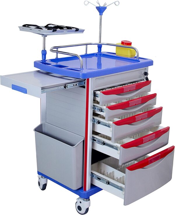 crash cart, also known as a code cart or emergency cart, is a mobile workstation stocked with essential medications, equipment, and supplies used during medical emergencies to provide immediate life support. These carts are designed to be easily moved to the site of a medical emergency, ensuring quick access to critical items for resuscitation and stabilization of patients. Key Components of a Crash Cart: Defibrillator: A device that delivers electrical shocks to the heart to restore a normal rhythm. Airway Management Equipment: Items like laryngoscopes, endotracheal tubes, and bag-valve masks for maintaining a patient's airway. Medications: A variety of drugs, including epinephrine, atropine, and lidocaine, used to treat cardiac arrest, respiratory failure, and other emergencies. Intravenous (IV) Supplies: Used to administer fluids and medications directly into the bloodstream. Other Supplies: This includes suction devices, oxygen tanks, CPR boards, and various other tools and supplies needed for emergency response. Purpose and Importance: Rapid Response: Crash carts are crucial for providing immediate care during life-threatening situations like cardiac arrest or respiratory failure. Organized and Accessible: The cart's design ensures that all necessary items are readily available and organized for efficient use. Standardized Protocols: Most facilities have standardized protocols for crash cart contents and organization to ensure consistent emergency response.