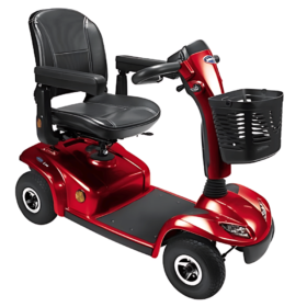 Invacare Leo Mobility Scooter. Its specifications include: General Specifications: Speed: 4mph / 6.44 km/h (pavement scooter) or 8 km/h (5 mph). Range: Up to 23 miles / 37.01 km. Weight Capacity: 136 kg (21.5 stone). Battery Size: 36Ah. Dimensions & Weight: Overall Length: 122 cm / 48.03 inches. Overall Width: 59 cm / 23.23 inches. Total Weight (including batteries): 83 kg / 13 stone 1 lb. Weight of Heaviest Part (when disassembled): 12 kg / 1 stone 12 lb. Ground Clearance: 70mm (2.75"). Seat Specifications: Seat Width: 47 cm / 18.50 inches. Seat Depth: 41 cm / 16.14 inches. Seat to Floor Height: 460 - 560 mm (18" - 22"). Backrest Height: 475 mm (18.75"). Additional Features: Intelligent lighting package including indicators that automatically switch off and a rear brake light. Audible and visual low battery warnings. Adjustable tiller and ergonomic handlebars. 360° swiveling, height-adjustable seat with width and angle-adjustable armrests. Two-step disengaging lever to prevent accidental freewheel mode