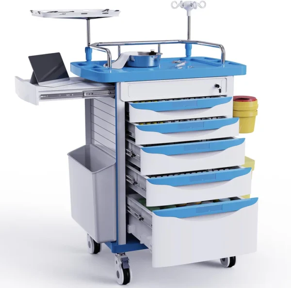 Rolling Medical Storage Crash Cart with Drawers - IV Pole, Silent Casters, Needle Disposal, Trash Bin & O2 Holder - Nursing Trolley for Clinics, Hospitals, Home Use
