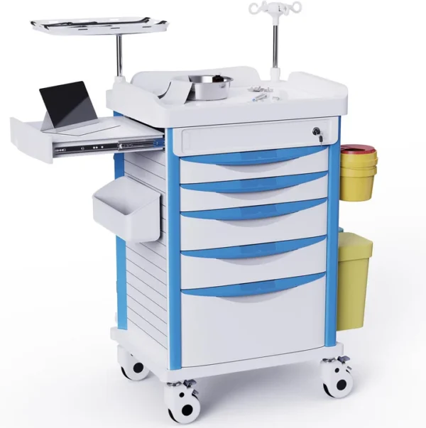 Rolling Medical Storage Crash Cart with Drawers - IV Pole, Silent Casters, Needle Disposal, Trash Bin & O2 Holder - Nursing Trolley for Clinics, Hospitals, Home Use