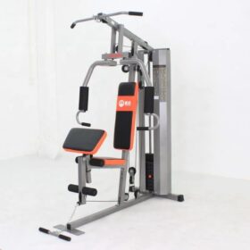 multi-station home gym or multi-gym machine, designed to provide a comprehensive full-body workout using a single piece of equipment. Specifications and Uses: Specifications: Frame: Typically constructed with heavy-duty steel for durability and stability. Pulleys and Cables: Features aluminum pulleys with deep V-grooved channels and high-tensile, aircraft-grade cables for smooth and secure operation. Weight Stack: Often includes a weight stack, sometimes enclosed for safety and aesthetics, with adjustable resistance levels. Padding: High-density foam padding with durable covers (e.g., PU leather) on seats, backrests, and roller pads for comfort during exercises. Adjustments: Adjustable seats, backrests, and pads to accommodate various exercises and user sizes. Uses (Exercises and Muscle Groups Targeted): Upper Body: Chest: Chest press, pec fly exercises. Back: Lat pulldown, rowing exercises. Arms: Bicep curls (with preacher curl pad), triceps extensions (using high pulley or press arm). Shoulders: Shoulder press (using press arm). Lower Body: Legs: Leg extensions, leg curls (using dual-function leg developer). Core: Abdominal exercises (e.g., sit-ups depending on the model). Versatility: Allows for a wide range of exercises targeting multiple muscle groups, providing a full-body workout in a compact space.