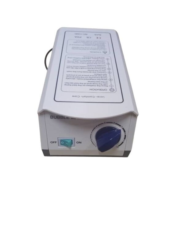 Medi-Sign Brilliant Care Anti Decubitus Pump & Mattress System, designed to prevent and alleviate bedsores (pressure ulcers) in patients who are bedridden or have limited mobility. Specifications and Uses: Purpose: Primarily used to prevent and provide relief from bedsores and ulcers that can develop from prolonged bed rest. Mechanism: It utilizes an alternating pressure redistribution system, where an electric pump inflates and deflates air chambers within the mattress in cycles (typically every few minutes). This alternating pressure helps to distribute weight evenly, reduce pressure on specific areas of the body, and improve blood circulation, thereby reducing the risk of skin breakdown. Components: The system includes an air mattress with multiple air cells and an electric pump that controls the inflation and deflation of these cells. Features: Pressure Relief: Designed to alleviate pressure points and promote circulation to prevent and treat bedsores. Comfort and Support: Provides support and comfort for immobilized or weak patients who cannot frequently shift their weight. Air Ventilation: Some models may incorporate micro holes for air ventilation, allowing air to pass through and ventilate the patient's back. Quiet Operation: The accompanying pump is often designed to be ultra-quiet to minimize disturbance to the patient. Applications: Ideal for use in home healthcare, nursing homes, and hospitals for patients requiring long-term bed rest.