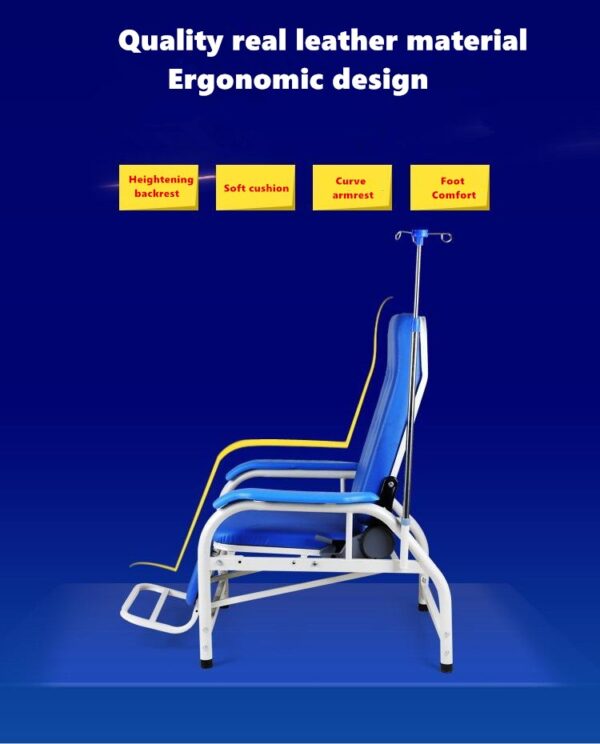 infusion or blood transfusion chair, also known as a phlebotomy or blood collection chair. Uses: Blood collection and donation: Primarily used in blood donation centers and medical facilities for drawing blood from donors or patients. Infusion and IV therapy: Provides a comfortable and supportive position for patients receiving intravenous (IV) fluids, medications, or blood transfusions. Consultation and examination rooms: Can be used in consultation rooms for patient seating during discussions with healthcare professionals or in examination rooms. Recovery rooms: Offers a comfortable space for patients to rest and recover after medical procedures or surgeries. Benefits: Patient comfort: Designed with features like padded seats, backrests, armrests, and footrests to ensure patient comfort during prolonged procedures or recovery periods. Ergonomic design: Promotes proper posture and reduces pressure points, enhancing the patient experience. Accessibility for healthcare professionals: Allows for easy access to the patient's arm for blood collection or IV insertion. Adjustability: Often features adjustable components like backrests, leg rests, and armrests to accommodate different patient needs and procedure requirements. Durability and ease of maintenance: Typically constructed with durable materials like epoxy-coated steel, making them long-lasting and easy to clean in a medical environment.