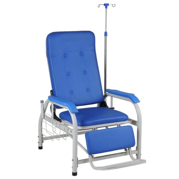 infusion or blood transfusion chair, also known as a phlebotomy or blood collection chair. Uses: Blood collection and donation: Primarily used in blood donation centers and medical facilities for drawing blood from donors or patients. Infusion and IV therapy: Provides a comfortable and supportive position for patients receiving intravenous (IV) fluids, medications, or blood transfusions. Consultation and examination rooms: Can be used in consultation rooms for patient seating during discussions with healthcare professionals or in examination rooms. Recovery rooms: Offers a comfortable space for patients to rest and recover after medical procedures or surgeries. Benefits: Patient comfort: Designed with features like padded seats, backrests, armrests, and footrests to ensure patient comfort during prolonged procedures or recovery periods. Ergonomic design: Promotes proper posture and reduces pressure points, enhancing the patient experience. Accessibility for healthcare professionals: Allows for easy access to the patient's arm for blood collection or IV insertion. Adjustability: Often features adjustable components like backrests, leg rests, and armrests to accommodate different patient needs and procedure requirements. Durability and ease of maintenance: Typically constructed with durable materials like epoxy-coated steel, making them long-lasting and easy to clean in a medical environment.