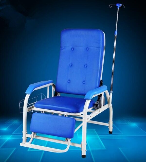 infusion or blood transfusion chair, also known as a phlebotomy or blood collection chair. Uses: Blood collection and donation: Primarily used in blood donation centers and medical facilities for drawing blood from donors or patients. Infusion and IV therapy: Provides a comfortable and supportive position for patients receiving intravenous (IV) fluids, medications, or blood transfusions. Consultation and examination rooms: Can be used in consultation rooms for patient seating during discussions with healthcare professionals or in examination rooms. Recovery rooms: Offers a comfortable space for patients to rest and recover after medical procedures or surgeries. Benefits: Patient comfort: Designed with features like padded seats, backrests, armrests, and footrests to ensure patient comfort during prolonged procedures or recovery periods. Ergonomic design: Promotes proper posture and reduces pressure points, enhancing the patient experience. Accessibility for healthcare professionals: Allows for easy access to the patient's arm for blood collection or IV insertion. Adjustability: Often features adjustable components like backrests, leg rests, and armrests to accommodate different patient needs and procedure requirements. Durability and ease of maintenance: Typically constructed with durable materials like epoxy-coated steel, making them long-lasting and easy to clean in a medical environment.