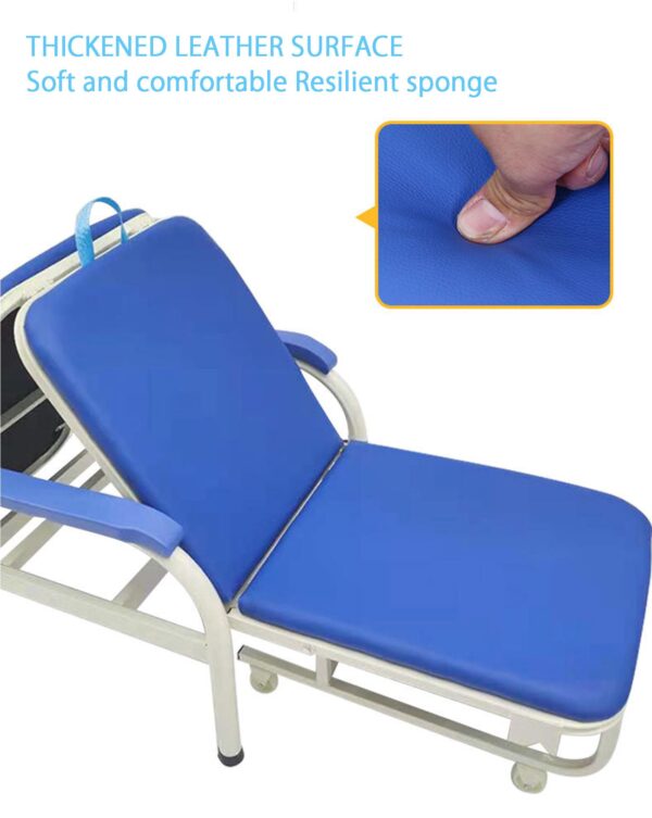 dual-purpose medical portable folding chair bed, also known as a hospital attendant chair or accompanying chair. Uses: Hospital and Clinic Settings: Primarily used in hospitals and clinics for caregivers or family members accompanying patients, providing a comfortable seating option during long hours or an overnight sleeping solution. Home Care: Beneficial for home care situations, especially when caring for sick or elderly family members, offering a temporary bed or comfortable seating. Limited Spaces: Can serve as an extra bed for guests or a space-saving solution in small apartments or studios. Outdoor/Camping (similar designs): While primarily medical, similar folding chair/bed designs can be used for outdoor activities or camping, though the specific model shown is geared towards medical use. Benefits: Versatility: Easily transforms from a chair to a bed, offering dual functionality and convenience. Comfort: Designed with features like a supportive backrest, thick pads, and comfortable seating material (e.g., waterproof PU and high resilience sponge) to promote healthy posture and prevent back pain during extended use. Portability & Storage: Foldable design allows for easy storage and transport, making it convenient for various settings. Durability: Constructed with sturdy materials like metal frames to ensure reliability. Safety Features: May include anti-slip foot pads and lockable wheels for stability and safety.
